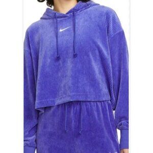 Nike Womens Ribbed Velour Crop Hoodie Medium Lapis Comfy Athleisure Sporty Chic